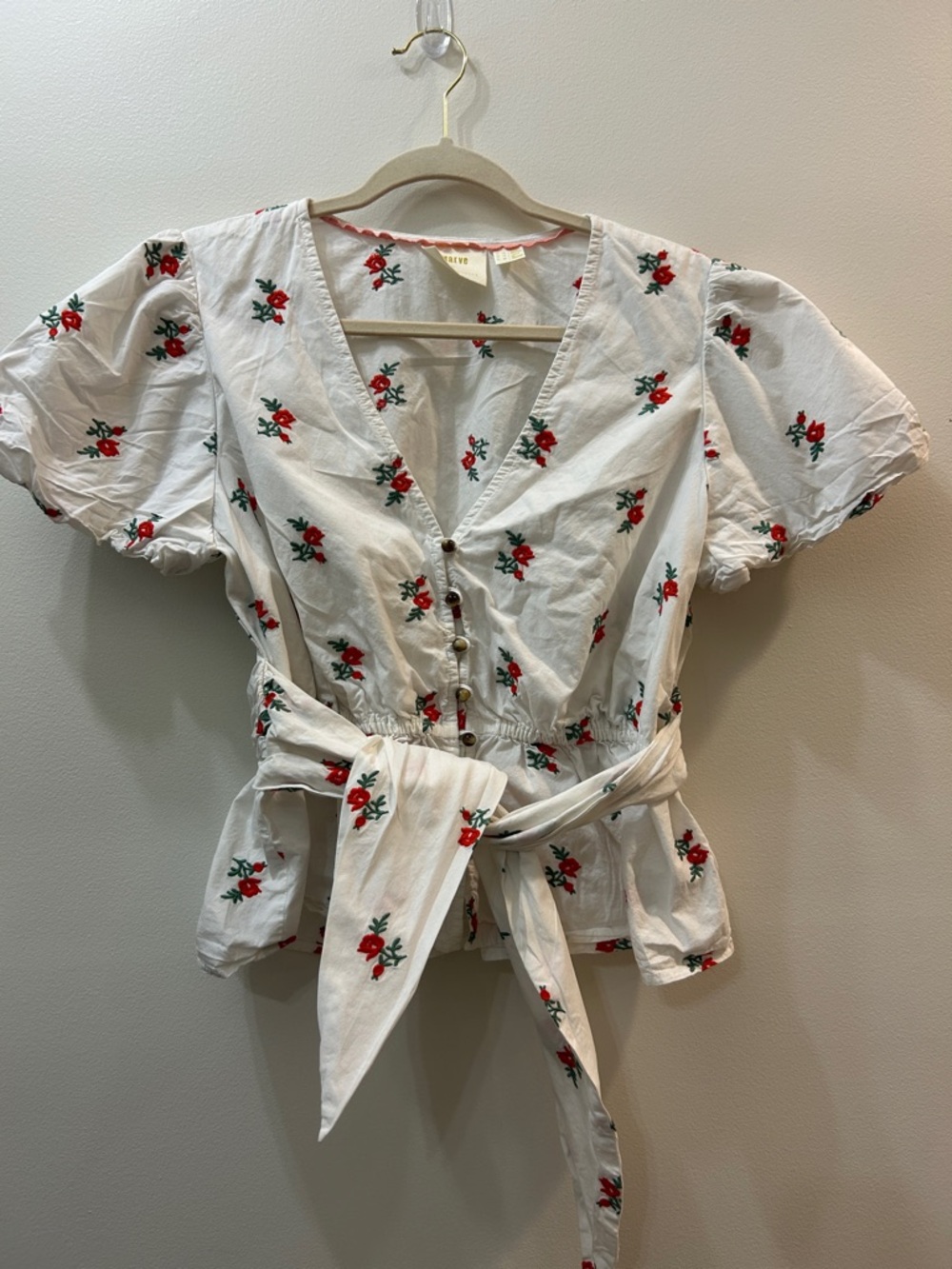 Anthropologie White Button-Front Tie-Waist Floral Top